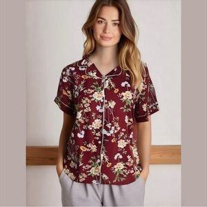 Flora Nikrooz Maroon Floral Short Sleeve Button Down Pajama Sleep Top Small